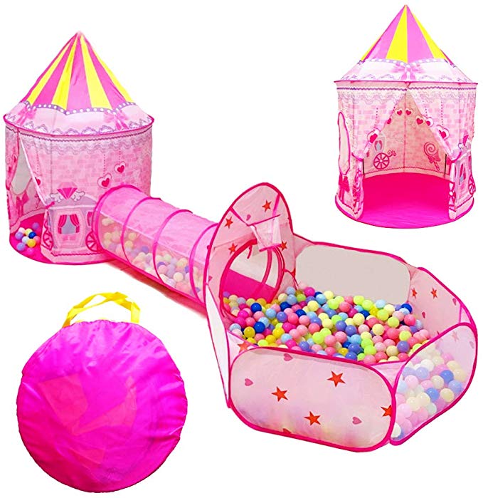 LOJETON 3pc Girls Princess Fairy Tale Castle Play Tent, Crawl Tunnel & Ball Pit with Basketball Hoop for Kids Toddlers, Indoor & Outdoor Playhouse