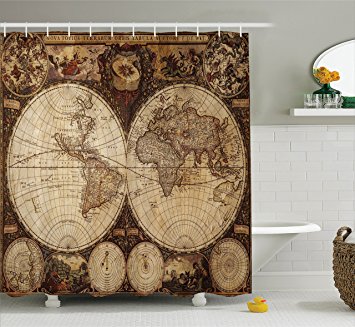 Wanderlust Decor Shower Curtain by Ambesonne, Image of Old World Map Made in 1720s Nostalgic Style Art Historical Atlas Vintage Decor, Fabric Bathroom Set with Hooks, 69W X 70L Inches Long, Multi