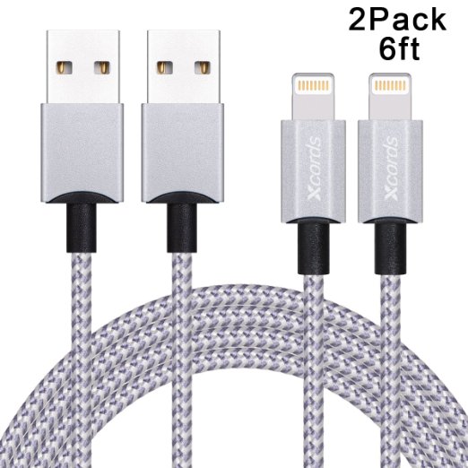 Xcords(TM) 2Pack 6Ft Nylon Braided iPhone 8 Pin Lightning Cable Data Syncing Cord for iPhone 6/ 6 Plus/ 6s/ 6s Plus /5/5s/5c/SE iPad Pro/iPad Mini/ iPad Air/iPod Touch 5/iPod Nano 7