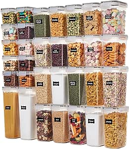 Vtopmart 32pcs Food Storage Container Set Grey, Kitchen & Pantry Organizers and Storage, BPA-Free Plastic Airtight Food Storage Container with Lids for Cereal, Flour and Sugar, Includes 32 Labels