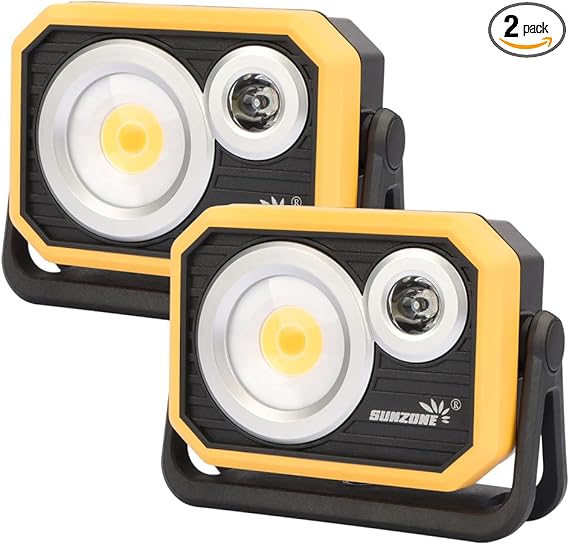 sunzone Rechargeable LED Work Light，Portable Magnetic 10W COB Flood Work Light,Dimmable True Brightness,Waterproof,with Power Bank Function for Car Repairing Construction Camping(2 Pack)