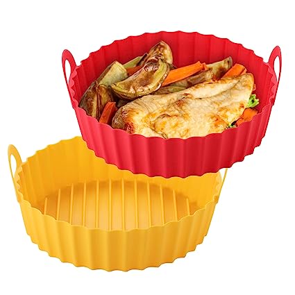 OUTXE 2-Pack Air Fryer Silicone Lliners 8.5inch for 5 to 8 QT Reusable Air Fryer Pot Round Air Fryer Silicone Baking Tray Easy Cleaning for Oven Accessories (Red Yellow)