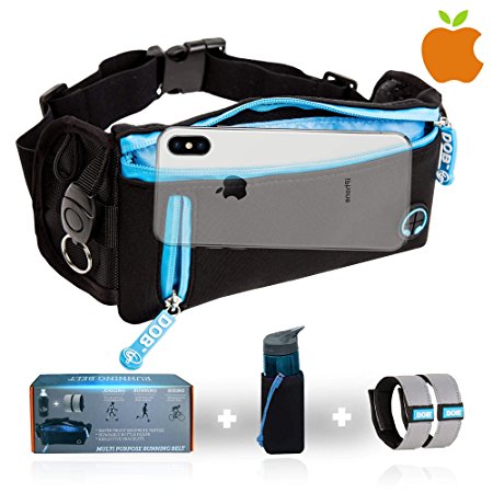 iPhone Running Belt Package by DOB - 1 Adjustable Belt 2X Reflective Bracelets 1 Detachable Bottle Holder Perfect for Travelling Skiing Camping Biking Jogging Cycling Running Fits all iPhone models