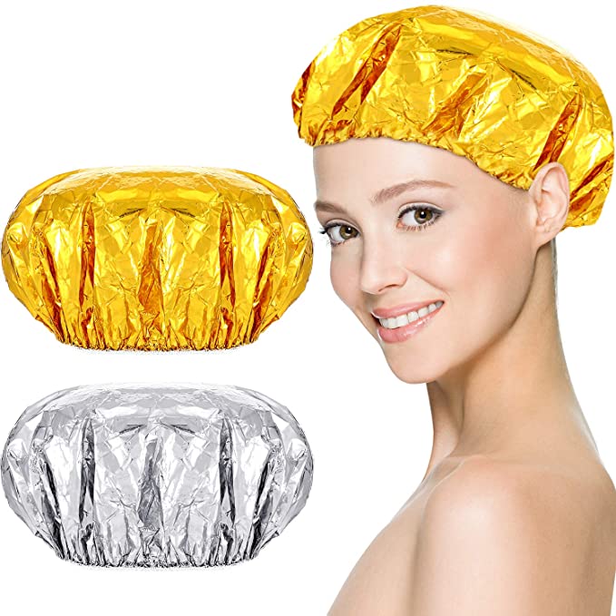 16 Pieces Reusable Foil Shower Cap Aluminum Foil Hair Heating Cap Cordless Hair Heat Caps Home and Salon Uses for Deep Conditioning, Gold and Silver