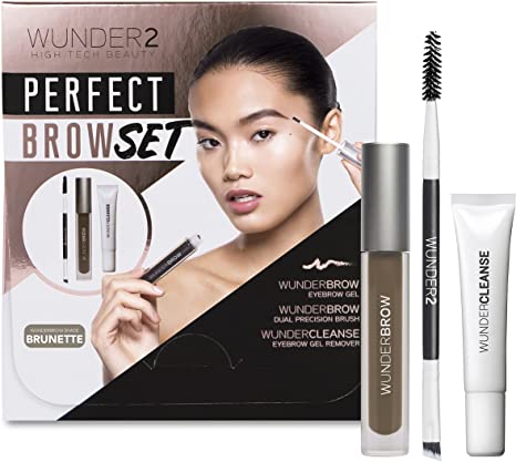 WUNDER2 PERFECT BROW SET- Wunderbrow Eyebrow Gel, WunderCleanse & Dual Precision Brush, Brunette