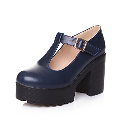 Milesline Fashion Women's Round Toe Platform Shoes T-Strap Chunky Heel Mary Jane Pumps