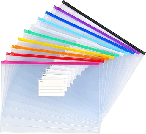 10 Pack Plastic Envelope Poly Zip Envelop Plastic Envelopes Files Zipper Folders, A4 Size, Letter Size, for School Office Supplies, 10 Color (13x9.5)