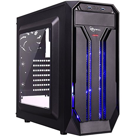 ROSEWILL ATX Mid Tower Gaming Computer Case with Side Window, Gaming Case with LED for Desktop / PC including 3 x 120mm Fans for outstanding ventilation, 2 x USB 3.0 ports (BRADLEY M)