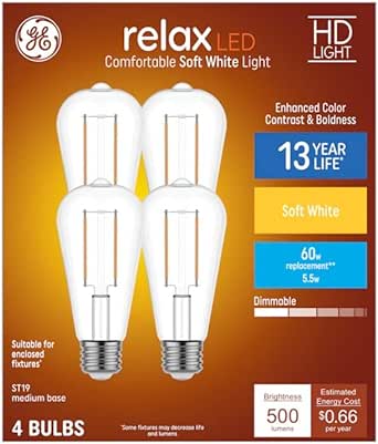 GE Relax ST19 Vintage 60 Watt Equivalent Soft White Medium Base (E-26) Dimmable Decorative Light Bulbs (4-Pack)