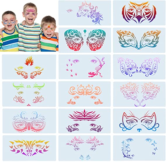 16 Pieces Carnival Face Stencils Reusable Face Paint Templates for Kids Adult Tattoo Face Painting Dinosaur Unicorn Pattern Carnival Party Supply, 10 x 4.7 Inch