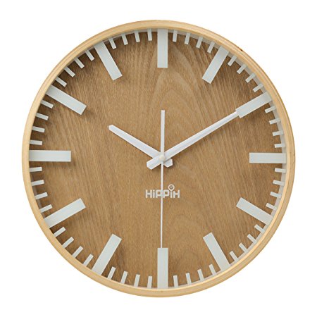 Hippih 12" Silent Wall Clock Wood Non Ticking Digital Quiet Sweep Home Decor Vintage Wooden Clocks(scale)