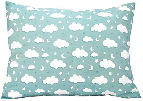 Kids Toddler Pillowcase 13x18 by Comfy Turtles, 100 Natural Cotton, Soft Pillow Cover for Wonderful Sleep and Dreams, Design for Boys and Girls (Green Clouds)