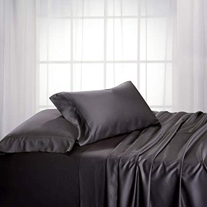 Exquisitely Lavish Body Temperature-Regulated Bedding, 60% Bamboo Viscose/ 40% Plush Cotton, 300 Thread Count, 4 Piece Top Split King (Head Split Bed) Size Deep Pocket Silky Soft Sheet Set, Charcoal