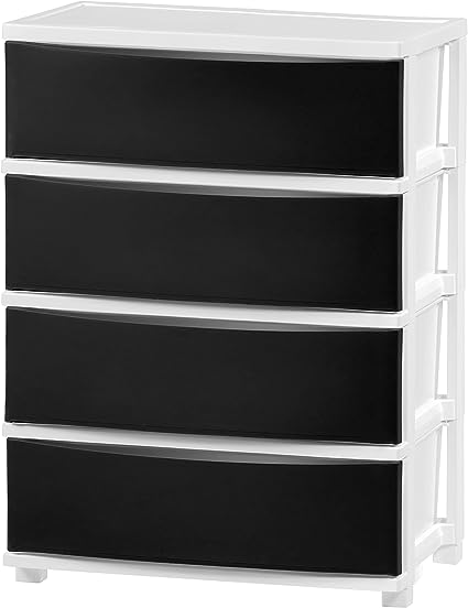 IRIS USA 4 Wide Drawer Storage, Organizer Unit for Bedroom, Closet, Living Room, Nursery, Dorm, White Frame with Matte Black Front Panels, Set of 1