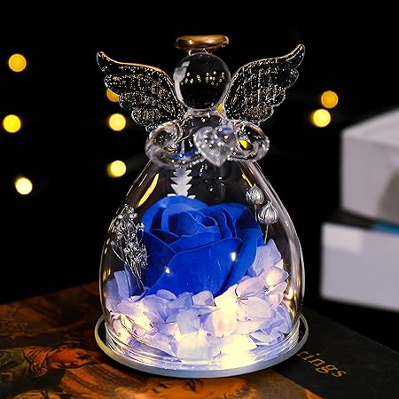 Tiaronics Angel Gifts Forever Flower Rose in Angel Figurines with LED Light Gifts for Women, Rose for Valentine's Day Mothers Day Birthday Gifts for Her - Dark Blue