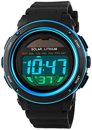 Fanmis S-shock Multi Function Digital LED Quartz Watch Solar Power Black Sport Watches Blue