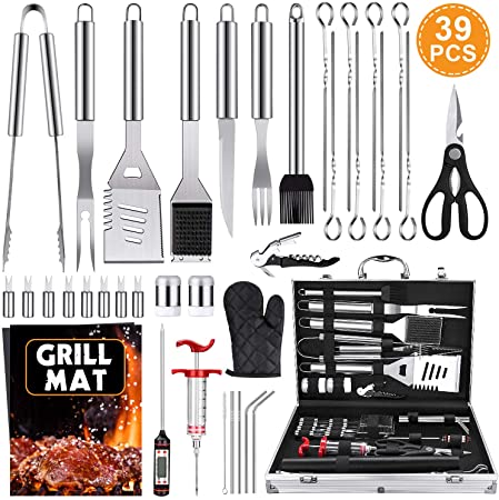 BBQ Grill Accessories Tools Set, 39PCS Stainless Steel Grilling Barbecue Tool Kit with Aluminum Case, 2 Grill Mats and Meat Injector for Backyard Outdoor Camping Party