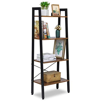 KINGSO Industrial Ladder Shelf 4-Tier Bookshelf Vintage Rustic Storage Rack Shelves with Wood Look and Metal Frame for Living Room Study Lounge Bedroom Office