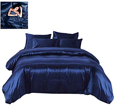 Bedding Cover Sheet Silk Comfortable Set Pillowcase Flat Sheet Bedspread Quilt 4 Piece Twin Full Queen King(Nave Blue-Twin)