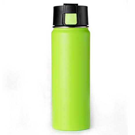 Double wall Vacuum Insulated Stainless Steel Wide Mouth Sports Water Bottle, Leak Proof Coffee Travel Mug with Flip Lid - 600ml,20oz -Green