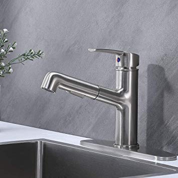 Commercial Brushed Nickel Kitchen Faucet, Stainless Steel Single Handle Pull Out Sink Faucets with Deck Plate
