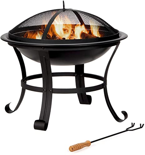 Giantex 22" Outdoor Firebowl, Portable Firepit Bowl with BBQ Grill Mesh Spark Screen Cover, Poker and 2 Grates, Wood Burning Fire Pit w/Grilling Handle for Camping Bonfire Patio Backyard Garden