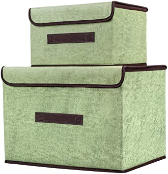 Foldable Storage Boxes Linen Organizer Cubes with Lids For Nursery, Shelf, Closet, Toys ,Book Shelf, Living Room Home Decor (2 Pack, Green)
