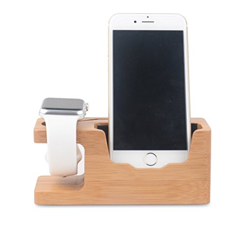 Apple Watch Stand, WOWO Natural Bamboo Wood iWatch Docking Station Cradle Holder for Apple Watch 38 42 mm and iPhone 7 7 Plus 6s 6s Plus SE 6 6 Plus Samsung etc