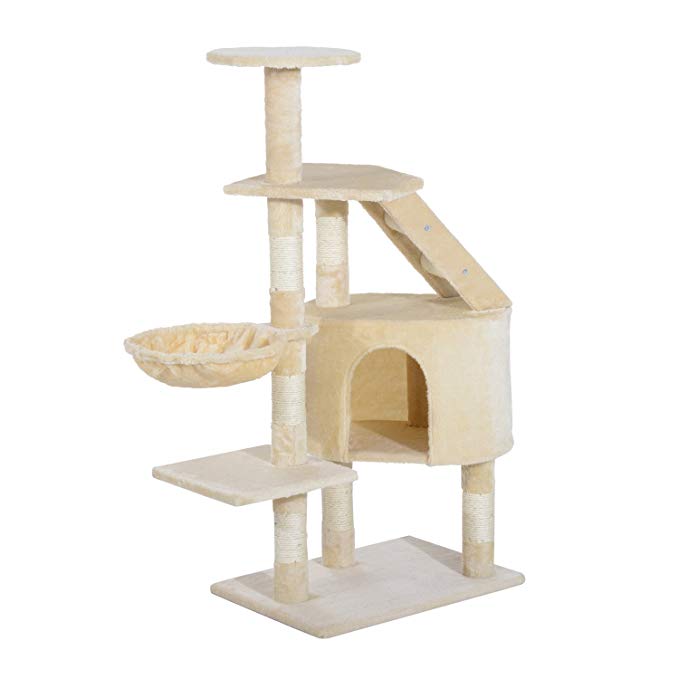 PawHut 49” Deluxe Cat Tree Furniture Scratching Pet Tower Kitten Play Post (Creamy White)