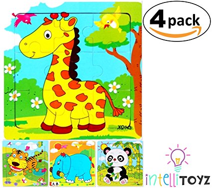 INTELLITOYZ Set of 4: 9 Piece Colorful Wooden Zoo Animals Educational Jigsaw Puzzles. Includes Giraffe, Elephant, Tiger, Panda