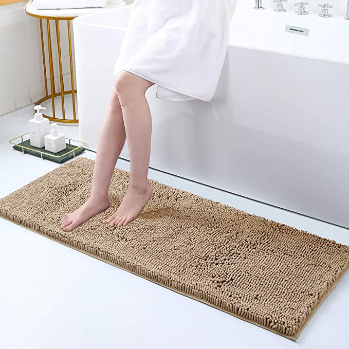 Olanly Luxury Chenille Bathroom Rugs, Bath Shower Mat Machine Wash Dry, Non Slip Absorbent Shaggy Bath Rug for Tub, Shower and Bath Room 17" x 47", Beige