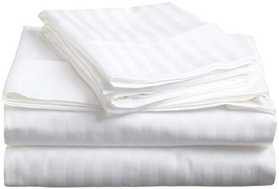100% Premium Long-Staple Combed Cotton 300 Thread Count, Twin XL 3-Piece Bed Sheet Set, Deep Pocket, Single Ply, Sateen Stripe, White