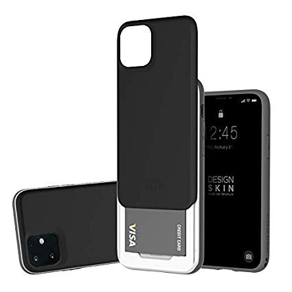 Design Skin Sliding Card Holder Case for Apple iPhone 11, Heavy Duty Bumper Protection Wallet Cover with Storage Slot Slider - Black