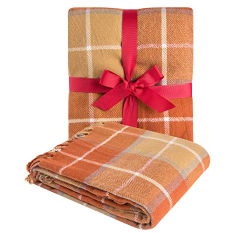 Winter Gifts Classic Home Throw Blanket Shawl All Season Acrylic Cozy Soft Reversible Picnic Stadium Camp Blanket Fringe Plaid for Bed/Sofa/Couch,Cashmere-Like 50" W x 60" L (Yellow)