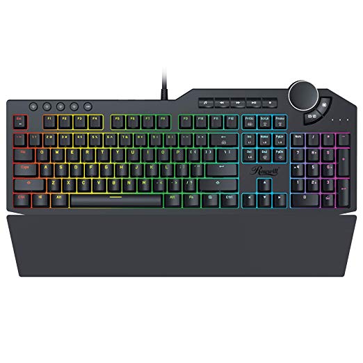 Rosewill Mechanical Gaming Keyboard, 15 RGB Backlit Modes, 2-Port USB Passthrough, Media Keys and Multifunctional Volume Dial, Magnetic Wrist Rest, Tactile and Clicky Blue Switches - NEON K90 RGB