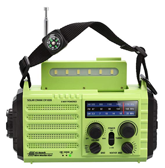 NOAA Emergency Weather Alert Radio & AM/FM/SW Broadcast Kit for Travelling, Dynamo Hand Crank/Solar Panel/Built-in Battery/AC Powered with Compass, SOS Alarm, LED Flashlight, Reading Lamp, USB Charger