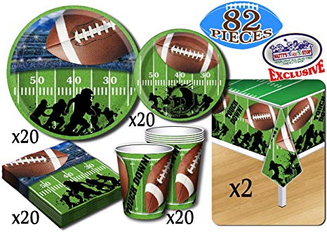 Deluxe Football Theme Party Supplies Pack for 20 People, Includes 20 Large Plates, 20 Small Plates, 20 Napkins, 20 Cups & 2 Table Covers - Perfect for Gameday or Birthday (82 Pieces Total)