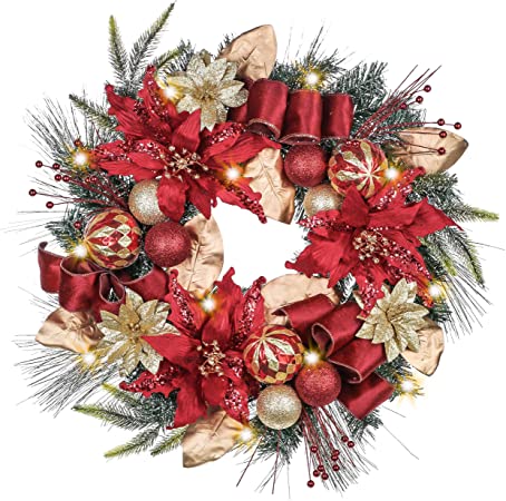 Valery Madelyn Pre-Lit 24 Inch Luxury Red Gold Christmas Front Door Wreath with Artificial Greenery Spruce, Eucalypti Leaves, Ball Ornaments and Flowers, Battery Operated 20 LED Lights