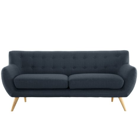 Mid-Century modern tufted linen fabric loveseat in various colors - polo blue, blue, light grey, yellow and red (Polo Blue)