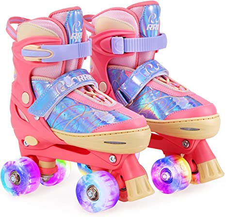 RunRRIn Roller Skates for Kids Girls, 4 Size Adjustable Quad Skate with Light Up Wheels for Children Indoor and Outdoor