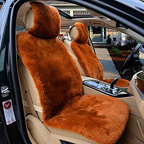 IMQOQ A Pair Genuine Sheepskin Short Wool Car 2 Front Seat Covers Set Winter Warm Universal Light Coffee