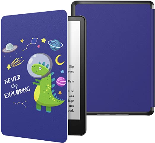 MoKo Case for 6.8" Kindle Paperwhite (11th Generation-2021) and Kindle Paperwhite Signature Edition, Light Shell Cover with Auto Wake/Sleep for Kindle Paperwhite 2021 E-Reader, Green Dinosaur on Blue