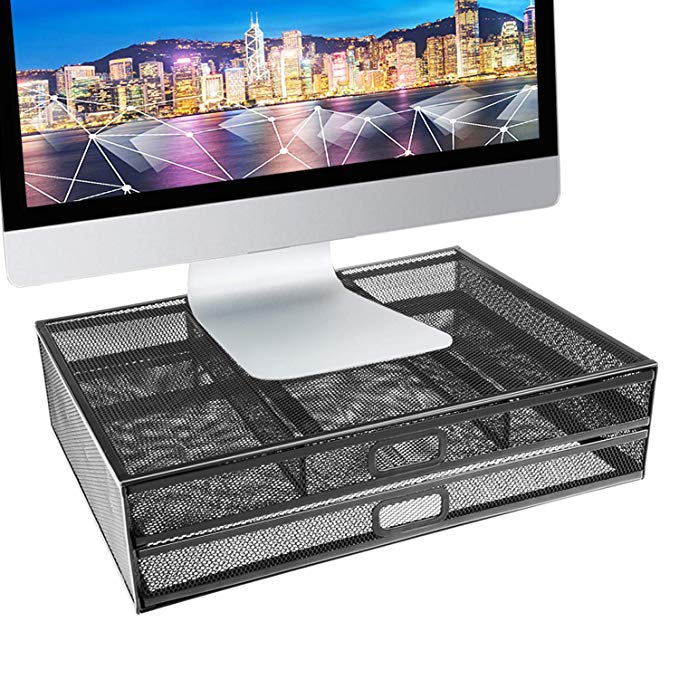 Monitor Stand Riser - Dual Stack Pull Out Storage Drawer Mesh Metal Desk Organizer Compatible with Computer Monitor, Laptop, Printer, Notebook, iMac - Holds up to 33 lbs