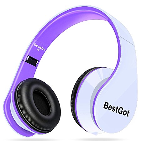 [New Style] BestGot Headphones Over Ear with microphone for kids adult In-line Volume with Transport Waterproof Bag Foldable Headphone with 3.5mm plug removable cord (White/Purple)