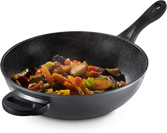 GOURMEX Toughpan Induction Wok Pan | Black with Nonstick Coating | Deep Fryer Skillet for Sauteing, Steaming, Smoking and Boiling | Compatible with All Heat Sources (32cm Wok Pan)