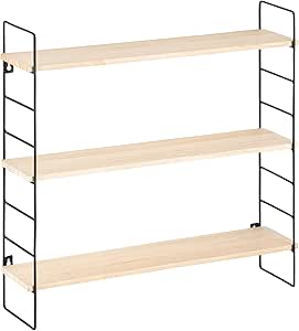 Navaris Wall Shelf Unit - Wall Mounted Hanging Pine Wood and Black Metal Shelves - 3-Shelf Shelving Unit for Bedroom Living Room Kitchen