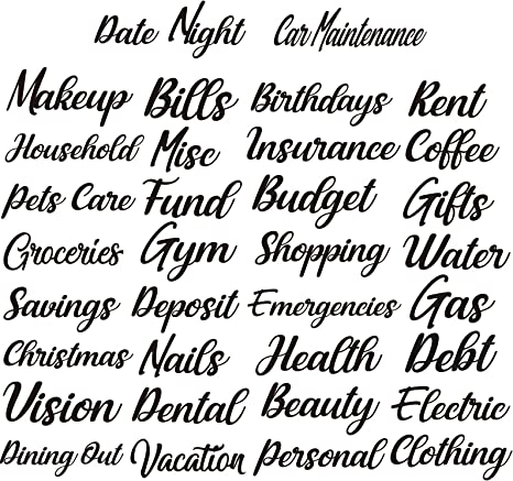 34 Pieces Cash Envelope Labels Stickers Budget Envelopes Labels for Budget Planners Vinyl Decals Finance Planners Money Stickers for 6 Ring Binder Notebooks Bill Planner (Lower Case, Black)