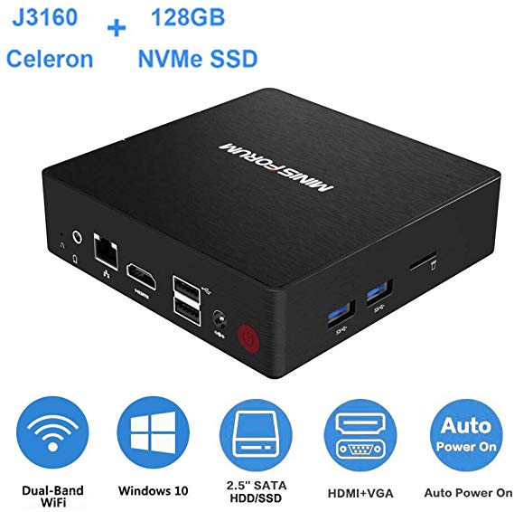 Mini PC with 4GB RAM 128GB NVMe SSD, Intel Celeron J3160 up to 2.24GHz/4K HD/DIY SSD&HDD/ 2.4 5G WiFi/ 1000M LAN/VGA&HDMI/Support Windows 10 Pro and Linux/Auto Power On/WOL/PXE Boot, Mini Computer