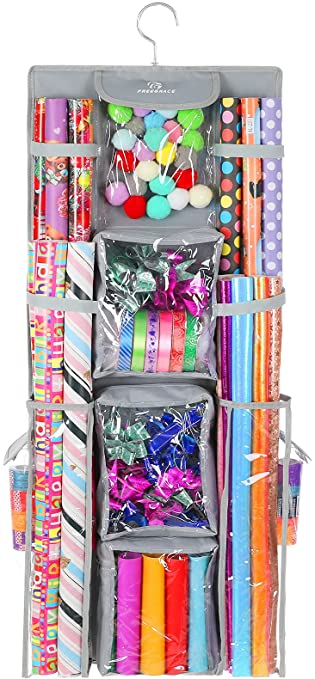 Freegrace Double Sided Hanging Gift Wrap Organizer | Large 16" x 41" Wrapping Paper Rolls Storage Bag | Tearproof & Space Saving Closet Gift Bag Organization Solution (Gray)