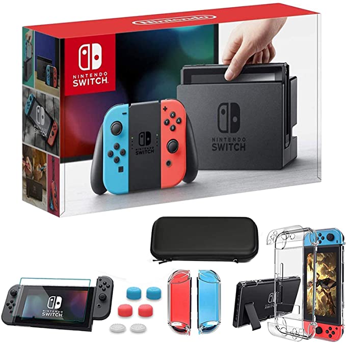 Newest Nintendo Switch 32GB Console with Neon Blue and Neon Red Joy-Con, 6.2" Touchscreen 1280x720 LCD Display, 802.11AC WiFi, Bluetooth 4.1, Bundled with TSBEAU 9 in 1 Carrying Case Accessories